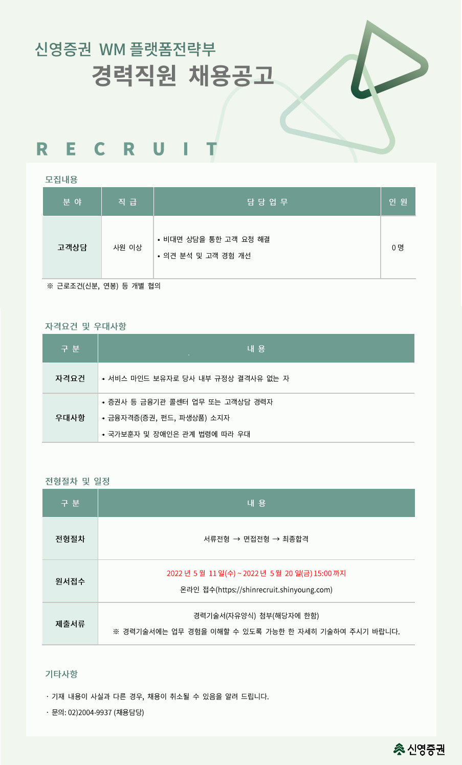 신영증권 채용공고 WM플랫폼전략부 경력직원 채용공고 | 자소서 문항, 지원자 스펙 분석까지