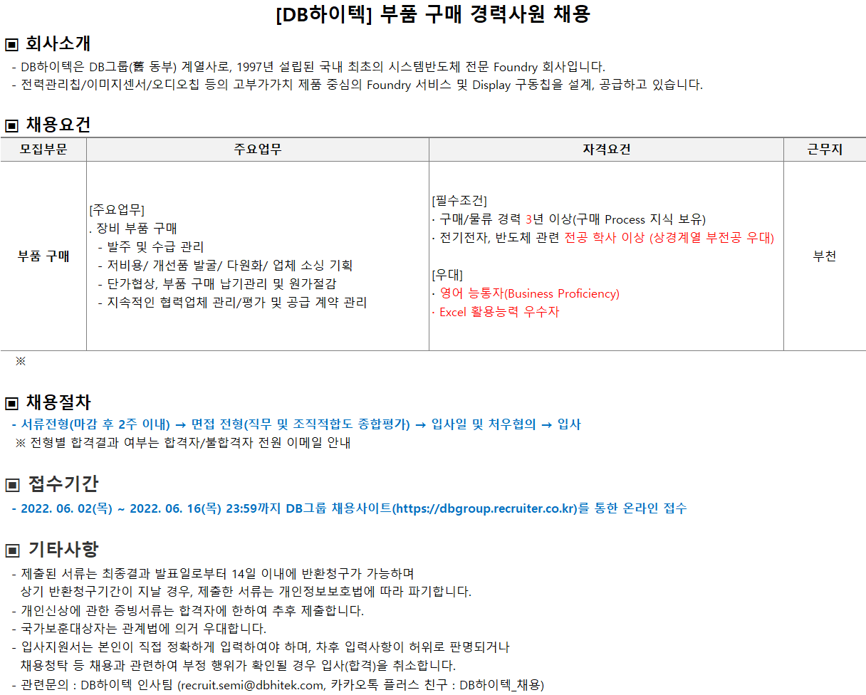 DB하이텍 부품 구매