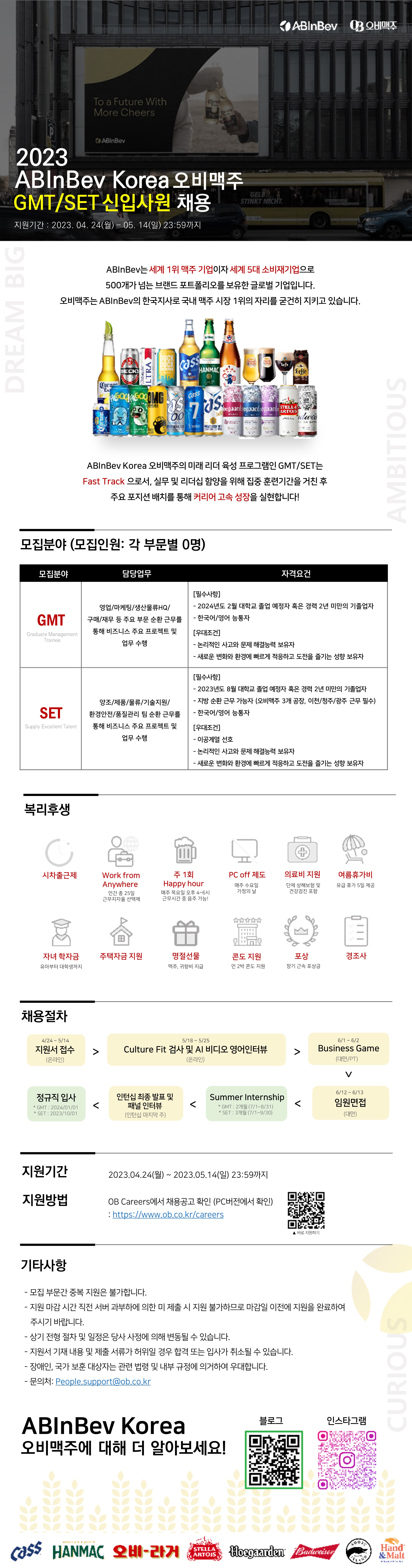 ABInBev Korea 오비맥주 채용공고 2023 GMT/SET 신입사원 채용 | 자소서 문항, 지원자 스펙 분석까지