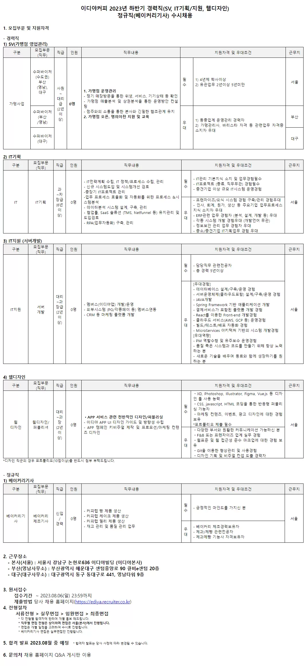 [이디야커피] 2023년 하반기 경력직 (SV, IT기획/지원, 웹디자인) 및 정규직 (베이커리기사) 채용