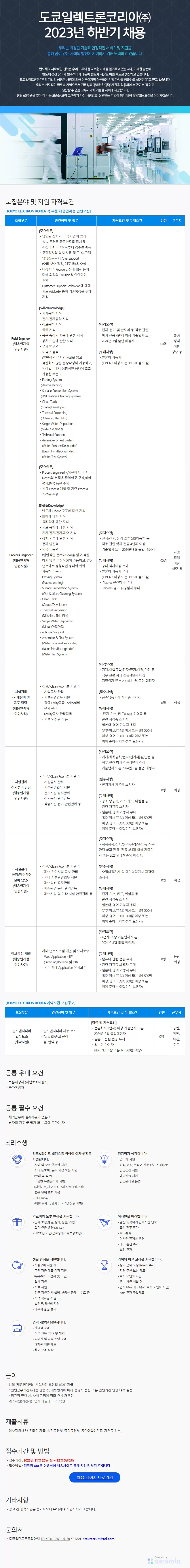 도쿄일렉트론코리아 채용공고 2023년 하반기 공개 채용 | 자소서 문항, 지원자 스펙 분석까지