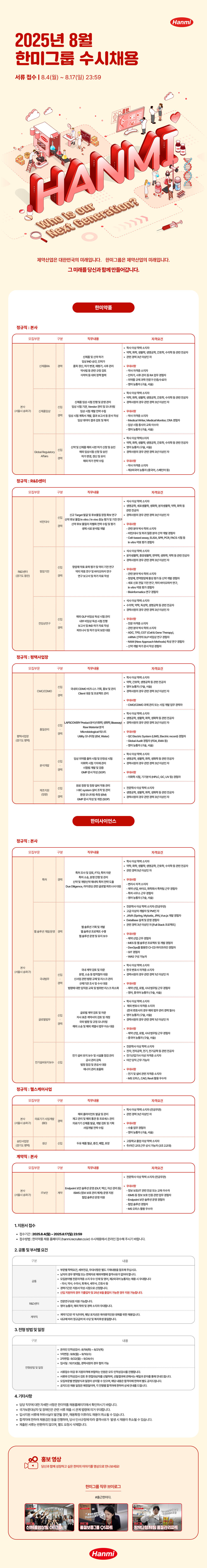 한미그룹 2025년 8월 수시채용 [각 부문별]