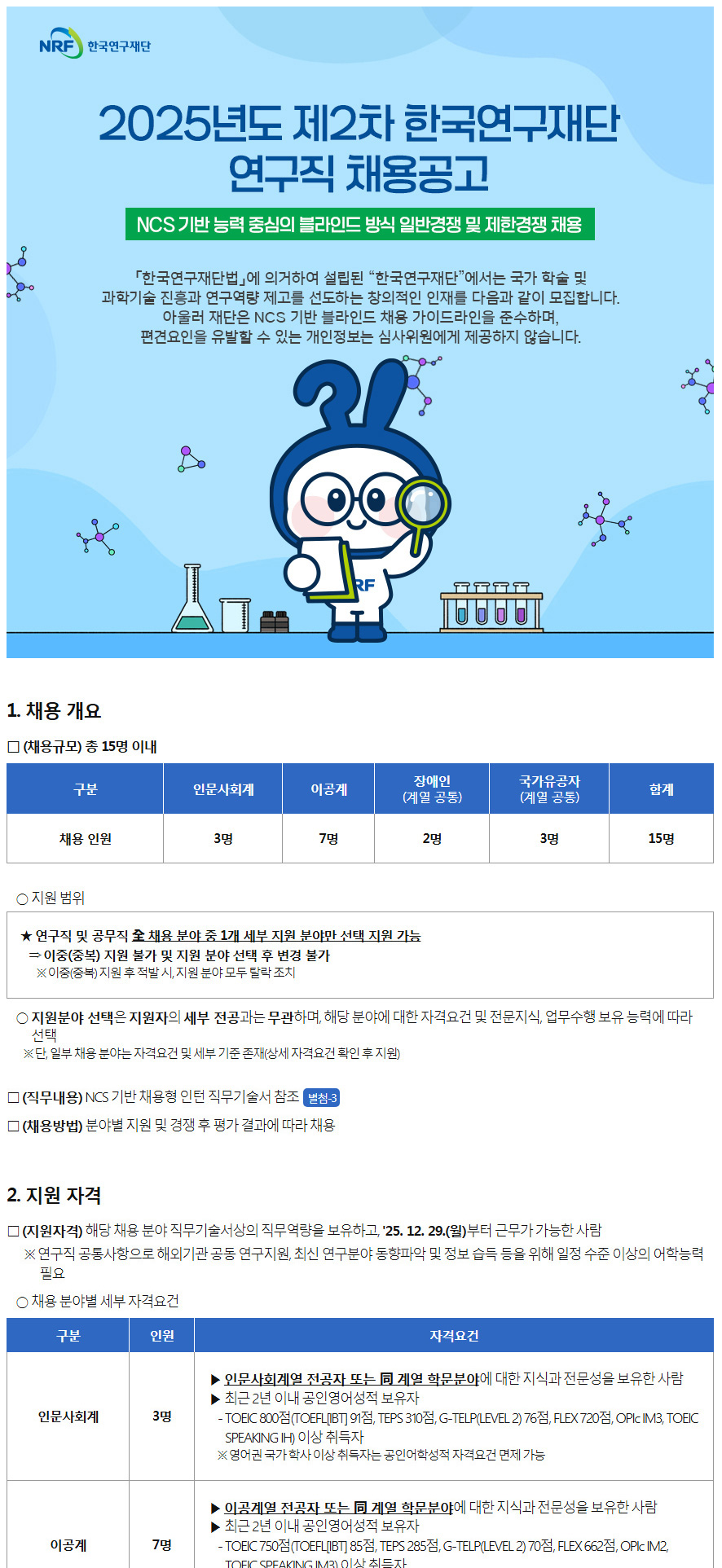 한국연구재단(NRF) 2025년도 제2차 연구직 채용공고