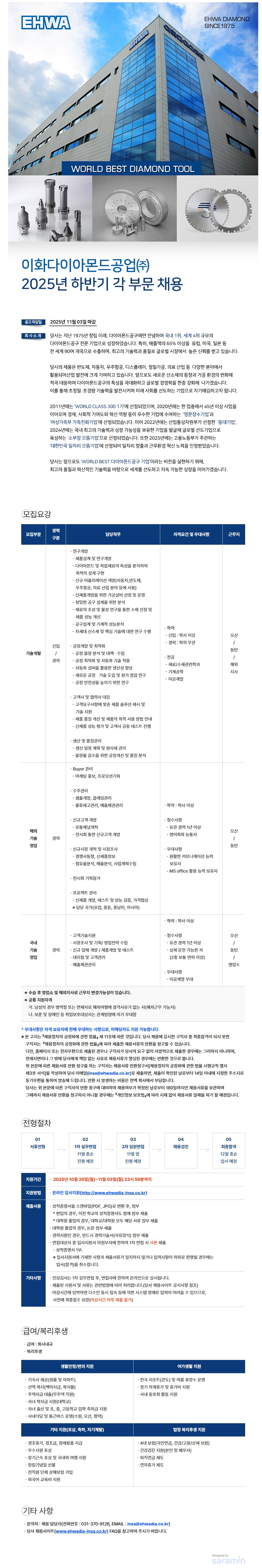 이화다이아몬드공업 2025년 하반기 각 부문 채용