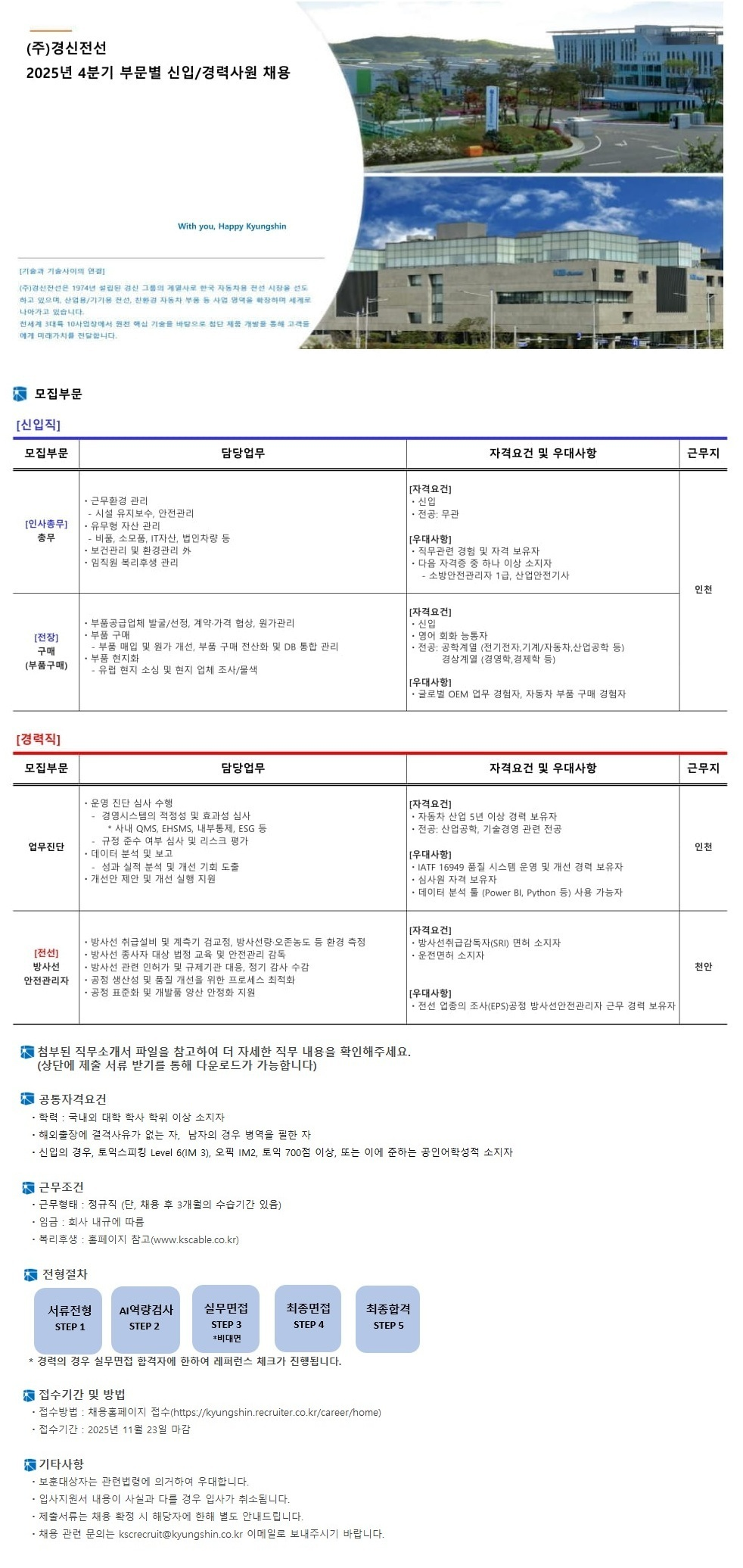 경신전선 2025년 4분기 부문별 신입/경력사원 채용