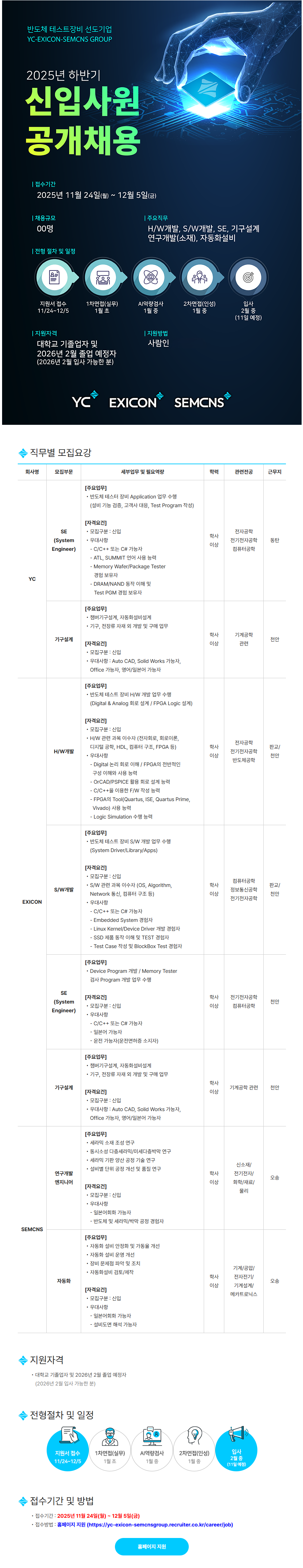 와이씨 YC-EXICON-SEMCNS GROUP 2025년 하반기 신입사원 공개채용