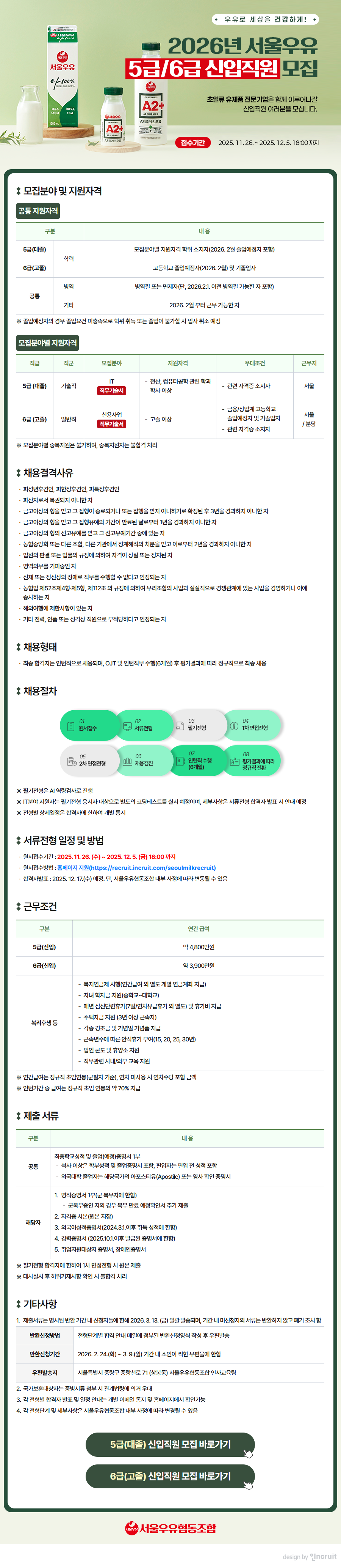 서울우유협동조합 2026년 서울우유 5급/6급 신입직원 모집