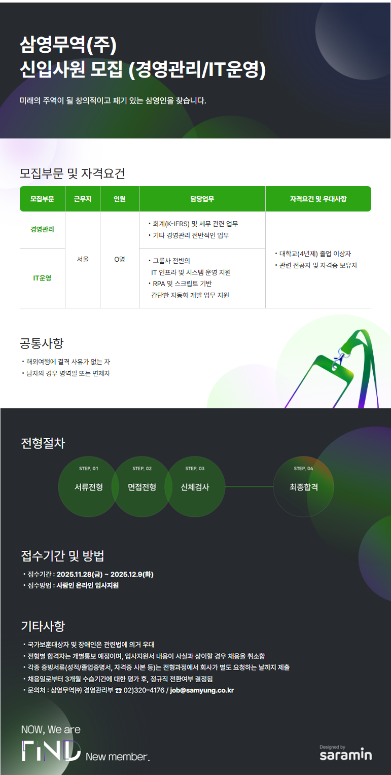 삼영무역 신입사원 모집(경영관리/IT운영)