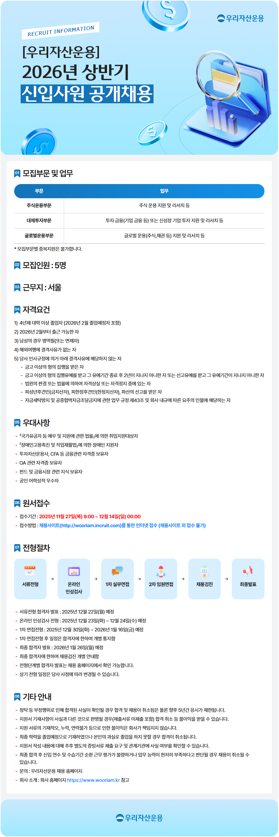 우리자산운용 채용공고 2026년 상반기 신입사원 공개채용 | 자소서 문항, 지원자 스펙 분석까지