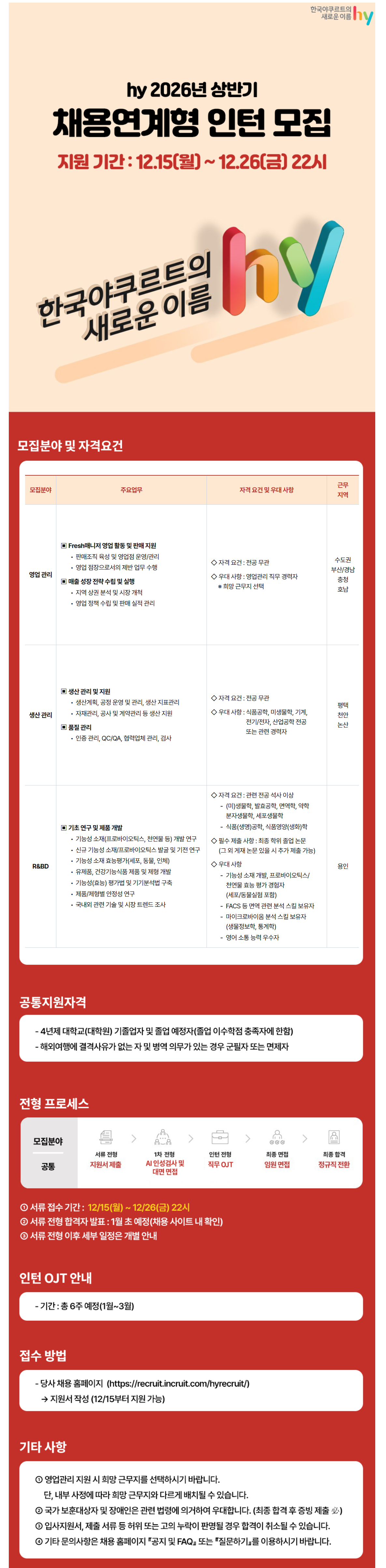 hy(한국야쿠르트) 2026년 상반기 채용연계형 인턴 모집