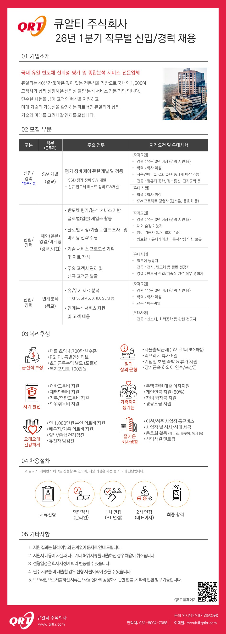 큐알티 26년 1분기 반도체 신뢰성,분석 관련 직무별 채용 (신입/경력)