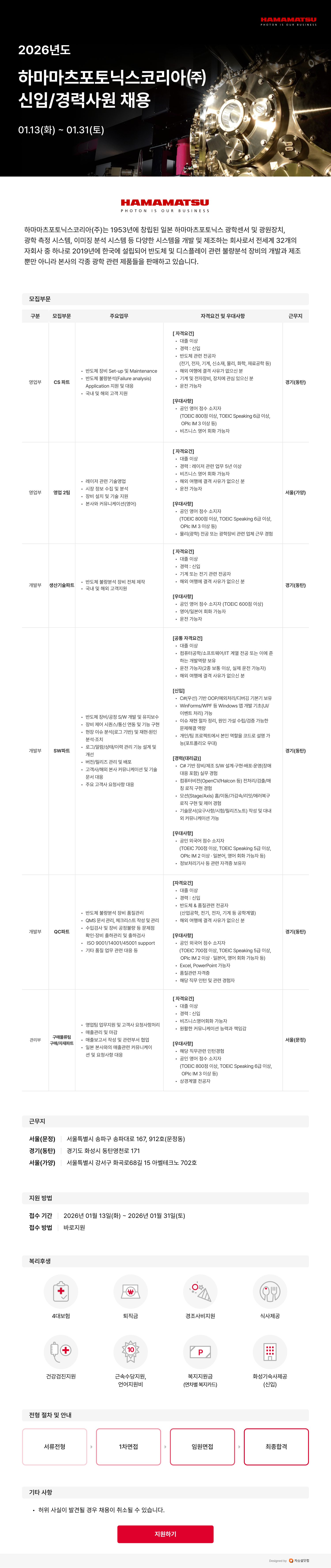 하마마츠포토닉스코리아 2026년 신입/경력사원 채용