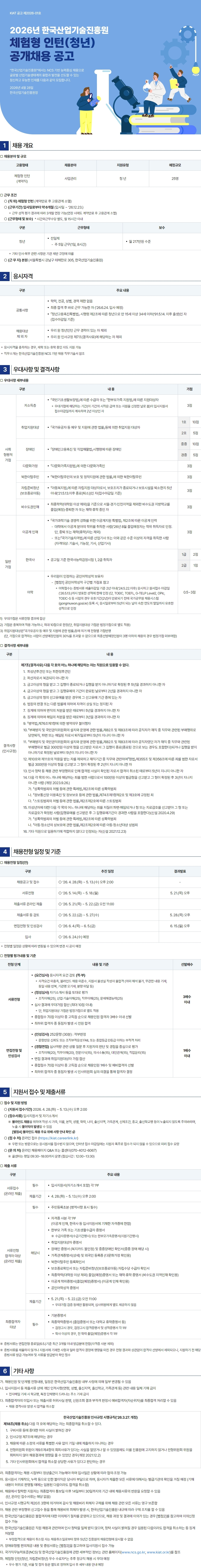 한국산업기술진흥원(KIAT) 2026년 체험형 인턴(청년) 공개채용
