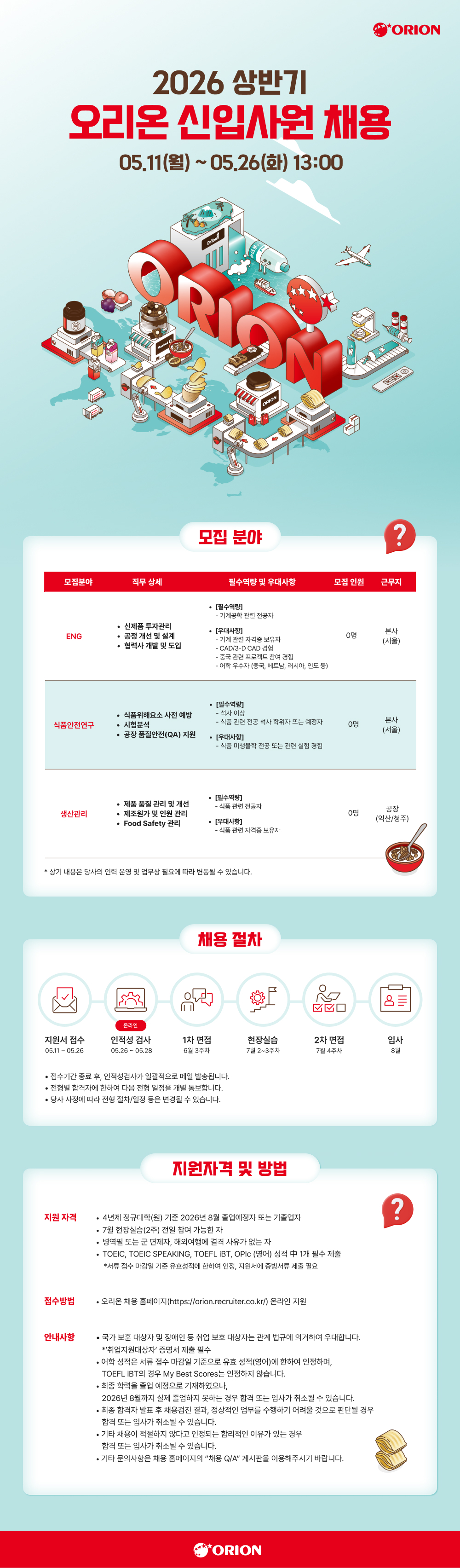 오리온 2026 상반기 신입사원 채용