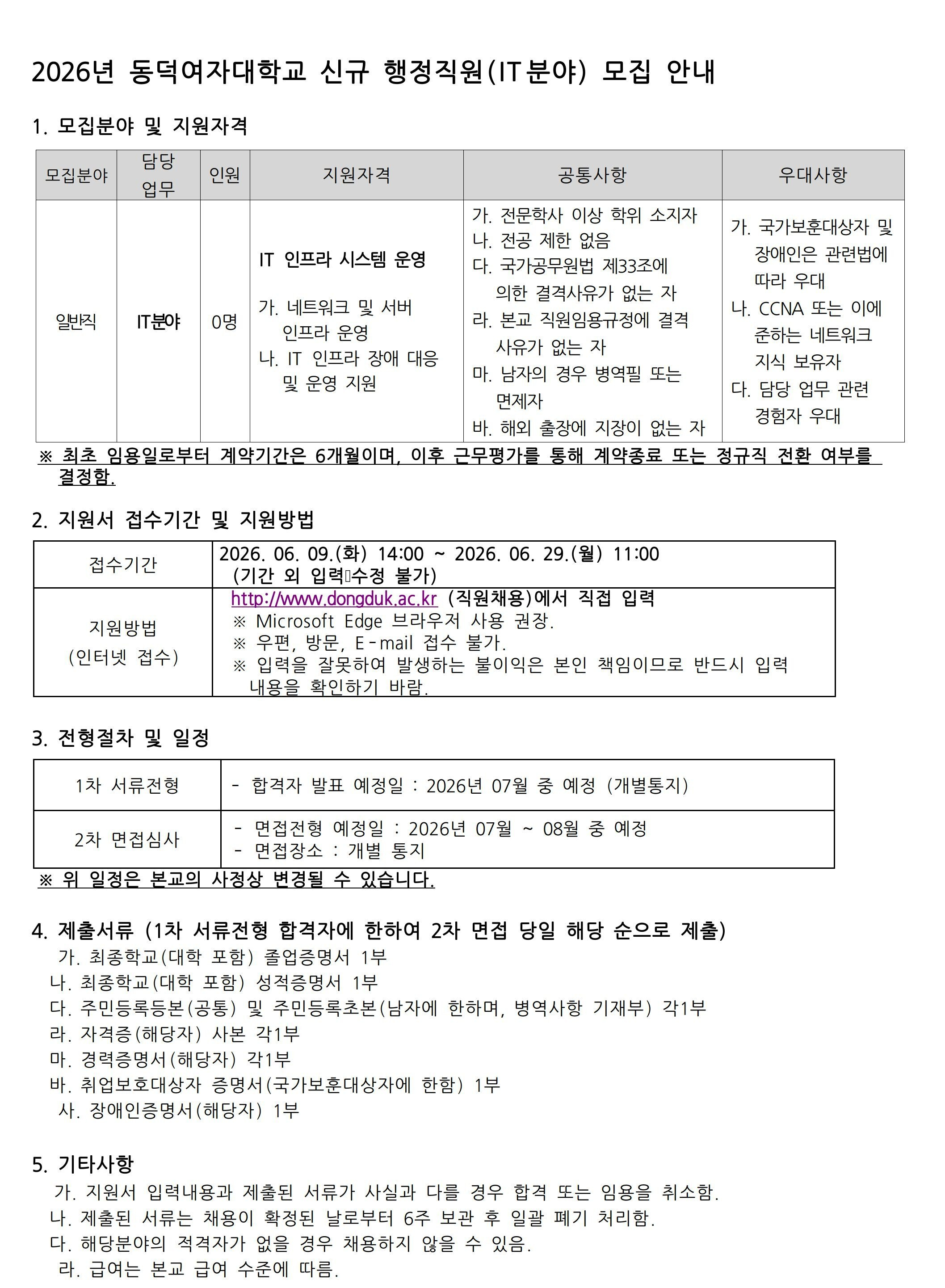 동덕여자대학교 2026년 신규 행정직원 (IT분야) 모집
