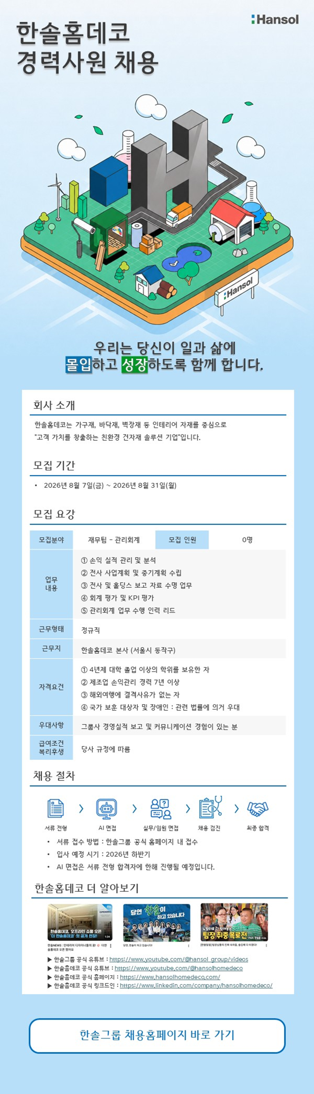 한솔홈데코 재무팀 관리회계 경력사원 채용