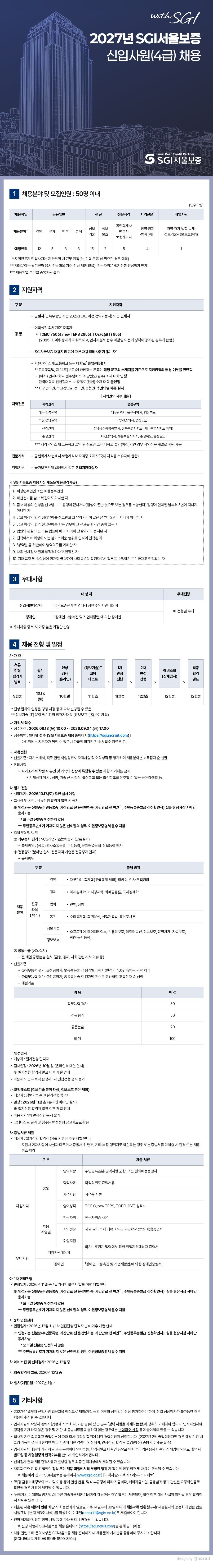 SGI서울보증 2027년 신입사원(4급) 채용