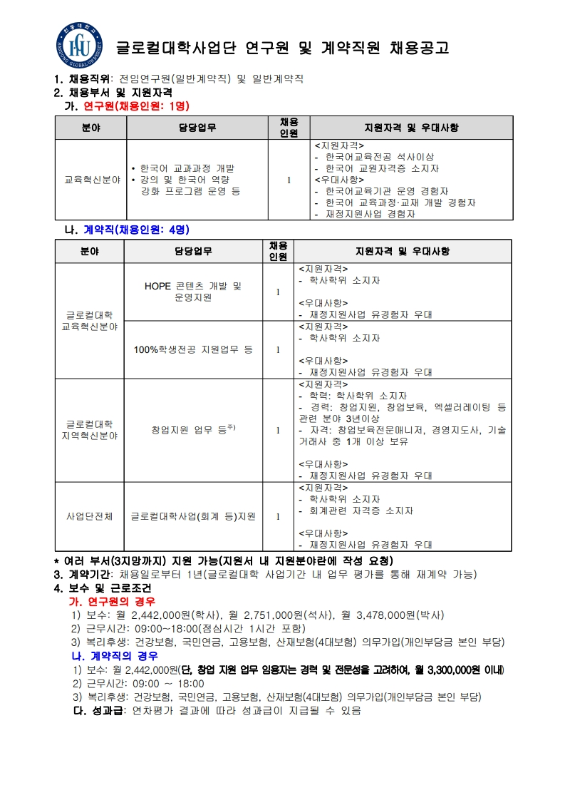 한동대학교 글로컬대학사업단 연구원 및 계약직원 채용공고
