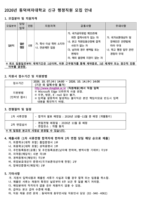 동덕여자대학교 2026년 신규 행정직원 모집