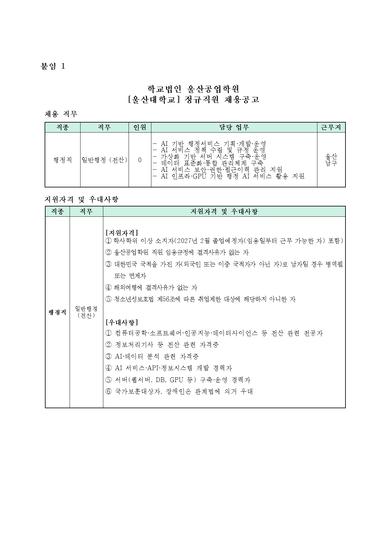 울산대학교 정규직원 채용공고