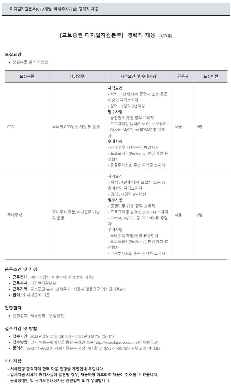 교보증권 국내외 CFD업무 개발 및 운영, 국내주식 주문/매매업무 개발 및 운영