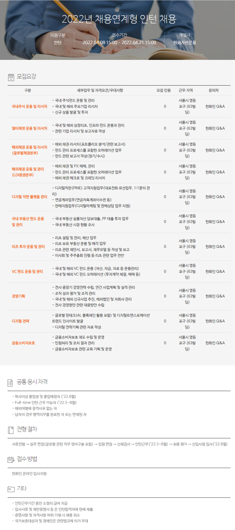 한화자산운용 2022년 채용연계형 인턴 선발 공고 2